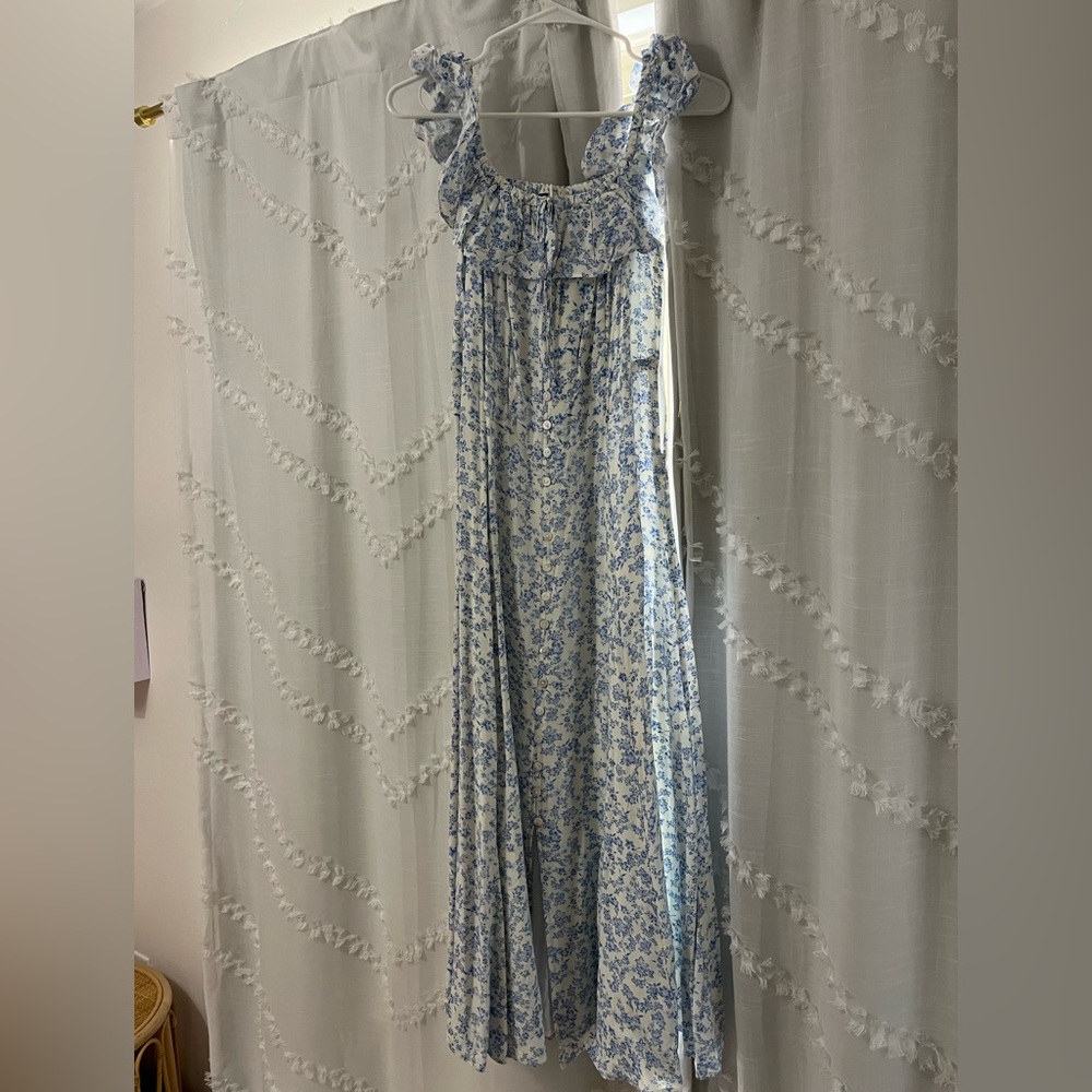 Blue Floral Maxi Dress with off the shoulder Neckline